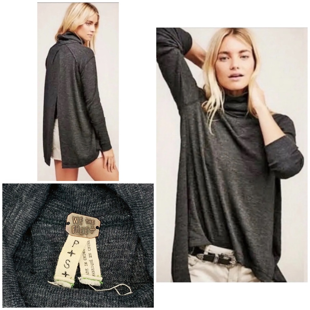 We The Free Split Back Turtleneck Raw Seams Long Sleeve Charcoal